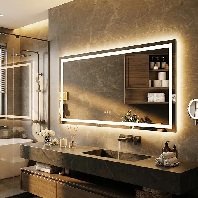 50x28 LED Bathroom Mirror with Lights, Wall Mounted Vanity Mirror with Front & Backlight, Dimmable Color Temperature, Frameless Aluminum, 5mm Copper-Free Glass
