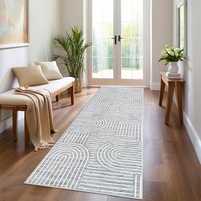 Modern Rug 2x6 Runners for Hallways, Abstract Kitchen Runner Rugs Non Slip Bath Runner, Rainbow Washable Runner Rug for Bedroom, Soft Long Rugs for Entryway Bathroom Laundry Dorm, Ash