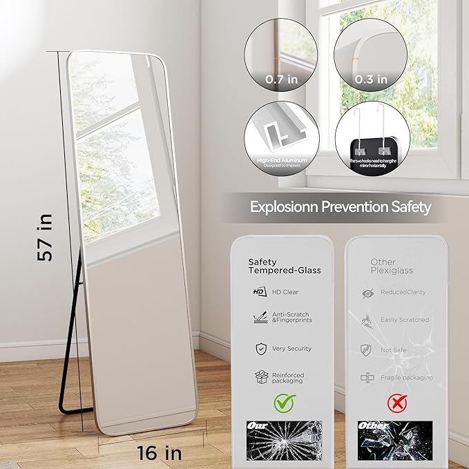 SCWF-GZ 57x16 Door Hanging Full Length Mirror, Floor Stand (Height 5.7ft just Body in1.3ft) Wall Mounted Metal Frame Rectangle Dressing Mirrors for Bedroom Bathroom Room 57 inch Silver