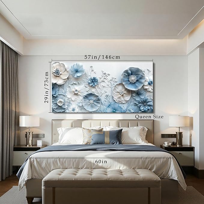 SERIMINO Extra Large Wall Art, Floral Wall Decor, Modern Wall Art, Blue and White Flowers Picture, Nature Botanical Prints, Oversized Paintings for Living Room Dining Room Hallway Office Hotel 29"x57"