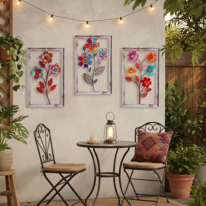 3 Pieces Metal Flowers Wall Art, 3D Boho Flower Wall Decor, Rustic Flower Wall Decor Boho Floral Bathroom Decor Metal Wall Art for Living room,Bedroom,Bathroom and Dining Room, Housewarming Gift