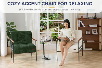 MAXYOYO Living Room Accent Chair, Modern Chair with Sturdy Metal Frame & Wood Armrests, Upholstered Reading Chair with Upholstered Cushion for Bedroom Balcony Porch, Dark Green