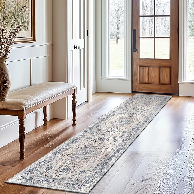 BESTSWEETIE 2x8 Area Rug Washable Rugs for Living Room, No Pile Boho Carpet for Entryway Bedroom Dinning Room, Vintage Carpet Print Distressed Non-Slip, 2 x 8 ft, Beige Blue