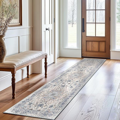BESTSWEETIE 2x8 Area Rug Washable Rugs for Living Room, No Pile Boho Carpet for Entryway Bedroom Dinning Room, Vintage Carpet Print Distressed Non-Slip, 2 x 8 ft, Beige Blue