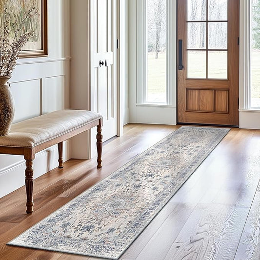 BESTSWEETIE 2x8 Area Rug Washable Rugs for Living Room, No Pile Boho Carpet for Entryway Bedroom Dinning Room, Vintage Carpet Print Distressed Non-Slip, 2 x 8 ft, Beige Blue