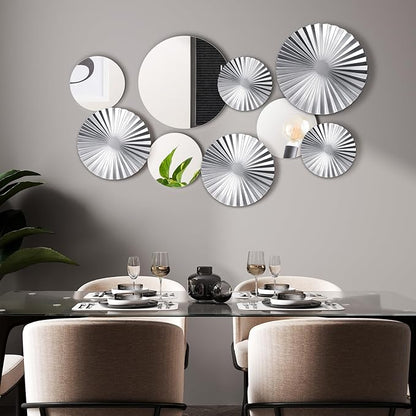 Hicarer 9 Pcs Silver Wall Decor Metal Home Decor Metal Wall Decorative Circle Plates Mirror Modern Round Accent Wall Art Sculpture Decor Hanging Decorations for Living Room Office Bedroom Kitchen