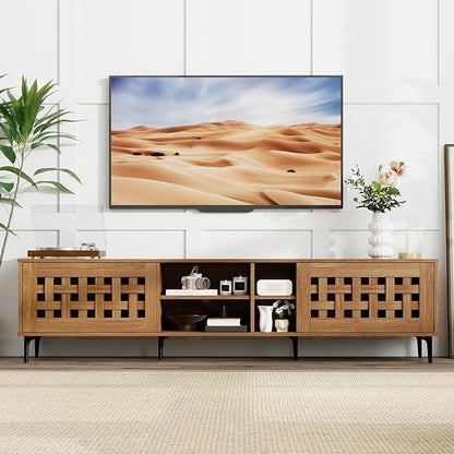 Giantex Mid Century Modern TV Stand for 60-80 Inch TV, Large Entertainment Center w/Storage Cabinet, Basket Weave Wooden Door & Open Compartment, Wood Media Console Table for Living Room Bedroom