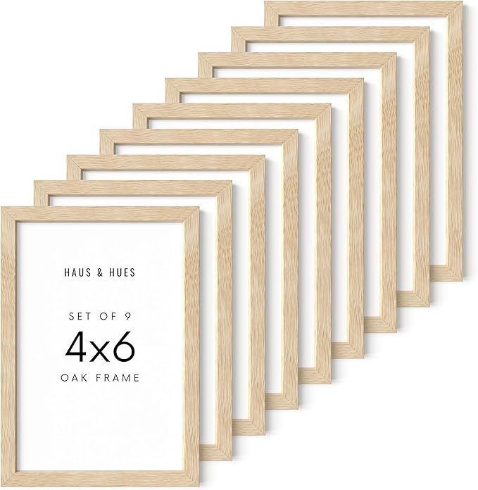HAUS AND HUES Beige Oak Wood 4x6 Picture Frame - Modern Wood Wall Art Display - Lightweight 4x6 Frame for Art Prints, Photos, Posters - Ready-to-Hang Vertically & Horizontally (Set of 9)