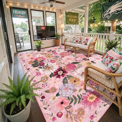 Pink Area Rugs 10x14 for Living Room, Non Slip Machine Washable Floral Rugs, Low Pile Lightweight Large Rug for Bedroom, Dining Room, Home Office