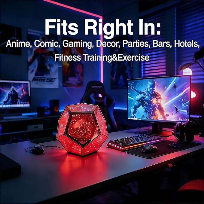 Extra Large Infinity Dodecahedron Light, 3D Infinity Mirror Light RGBW Color Changing, Music Sync, USB powered Night Lighting for Gaming Room Desk Decor, Birthday Christmas Gift for Men Boys Gamers