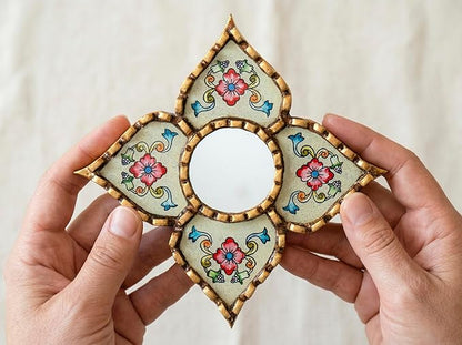 Small Peruvian Mirror, Handmade Artisan Mirror Wall Decor, Reverse Painted Glass Diamond Shape Mirrors 8.26" (Beige)