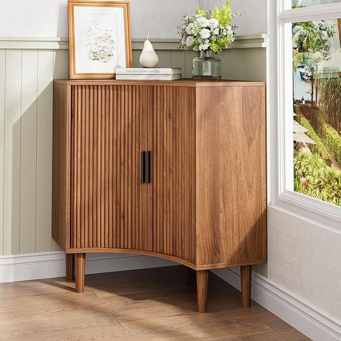 Fluted Corner Cabinet, Small Corner Floor Cabinet with Sliding Doors and Adjustable Shelves, Modern Wooden Freestanding Narrow Storage Organizer for Small Space,Living Room, Dining Room, Bathroom