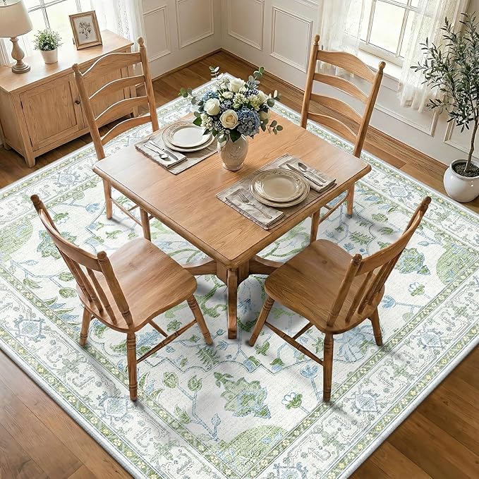 RELEANY Area Rugs Square 8ft Washable Non-Slip, Floral Vintage Distress Print Pattern Medallion Carpet for Living Room Bedroom Dining Room, Green White Blue