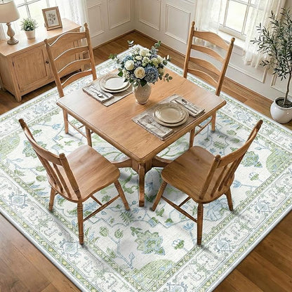 RELEANY Area Rugs Square 8ft Washable Non-Slip, Floral Vintage Distress Print Pattern Medallion Carpet for Living Room Bedroom Dining Room, Green White Blue