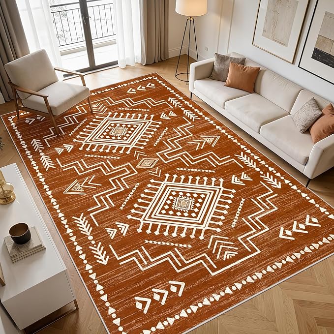 Joydeco Moroccan Washable 6x9 Living Room Rug Non Slip, Western Burnt Orange Large Area Rug for Bedroom Dining Room, Soft Stain Resistant Aztec Carpet Fall Rug for Guestroom Office Playroom