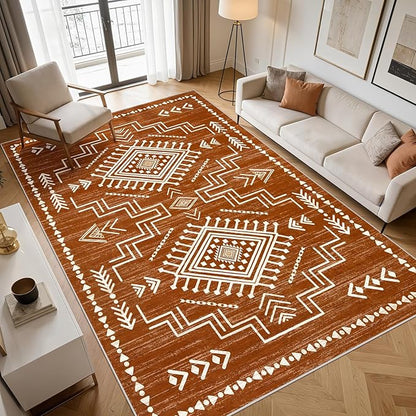 Joydeco Moroccan Washable 6x9 Living Room Rug Non Slip, Western Burnt Orange Large Area Rug for Bedroom Dining Room, Soft Stain Resistant Aztec Carpet Fall Rug for Guestroom Office Playroom
