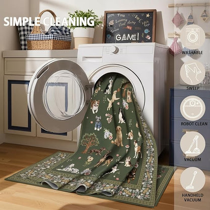 Dogs Area Rugs 9x12 for Living Room, Washable Rug Non Slip Floral Low Pile Large Rug for Living Room, Bedroom, Farmhouse, Dining Room, Kids Playroom, Dark Green