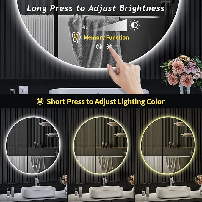 LED Round Bathroom Mirror, 36 Inch Backlit Wall Mounted Bathroom Mirror with Lights, Frameless Vanity Mirror with 3 Color Lights, CRI 95+, Anti-Fog, Shatter-Proof