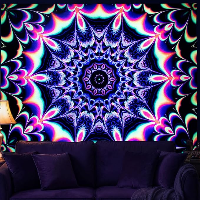 PRRPRR Blacklight Mandala Tapestry for Bedroom, UV Reactive Trippy Wall Tapestry, Bohemian Aesthetic Wall Art Decor for Adults Teens (Mandala Red, 78"x59")
