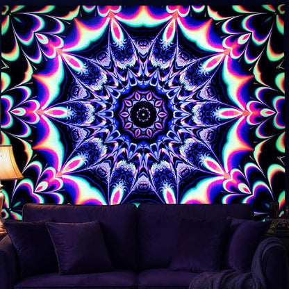 PRRPRR Blacklight Mandala Tapestry for Bedroom, UV Reactive Trippy Wall Tapestry, Bohemian Aesthetic Wall Art Decor for Adults Teens (Mandala Red, 78"x59")