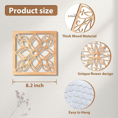 KOYILTD 4 Pieces Thicken Rustic Wall Decor,Flower Carved Wall Art,Wooden Hollow Carved Design (Square, 8.2in)