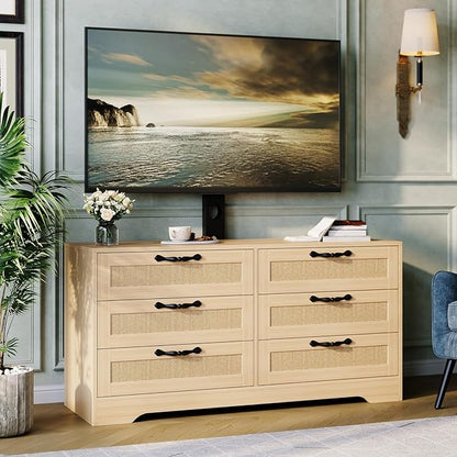 GarveeHome TV Stand with Mount, 47.2" Modern Entertainment Center 6-Drawer Rattan Dresser for 32-85 Inch TVs, Media Console Table with Storage for Living Room, Bedroom, Natural