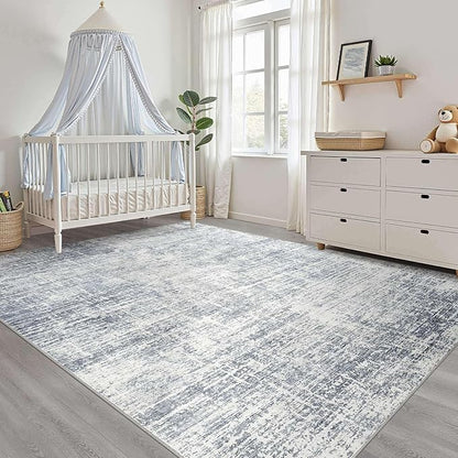 5x8 Area Rug Living Room: Washable Large Neutral Blue Rugs Abstract Soft Modern Stain Resistant Indoor Floor Non-Slip Carpet for Bedroom Nursery Kids Office Playroom Dining Room Under Table Home