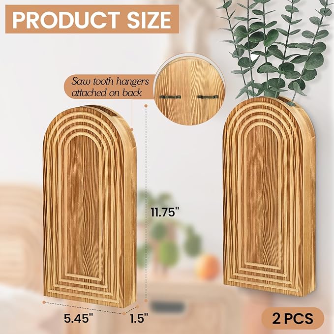 2 Pack Wall Decor Wood Wall Planters for Indoor Plants, Modern Wall Planter for Bathroom, Living Room, Kitchen Decor, Farmhouse Wood Vase for Dried Flowers and Faux Greenery (Rustic Brown)