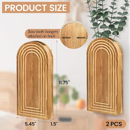 2 Pack Wall Decor Wood Wall Planters for Indoor Plants, Modern Wall Planter for Bathroom, Living Room, Kitchen Decor, Farmhouse Wood Vase for Dried Flowers and Faux Greenery (Rustic Brown)