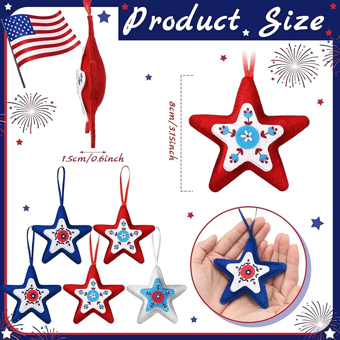Soulchen 12 Pcs Red White Blue Ornaments Patriotic Felt Star Hanging Ornaments 4th of July Stuffed Star Hanging Decor for 250th Anniversary Memorial Independence Day Farmhouse Party