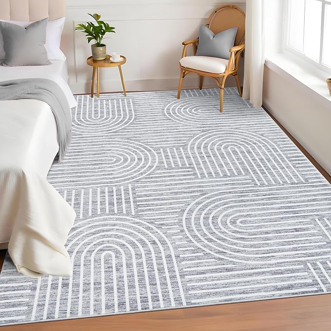 ROYHOME Washable Rug 3x5 Area Rugs for Living Room, Abstract Rug for Bedroom, Soft Rainbow Non Slip Throw Rugs with Rubber Back, Low Pile Stain Resistant Boho Geometric Carpet for Dining Room, Ash