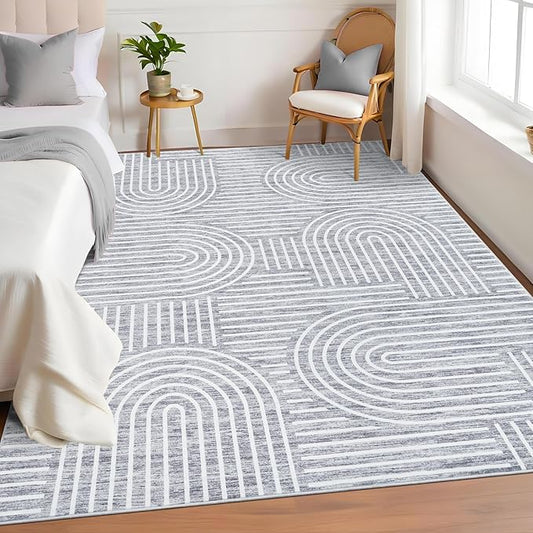 ROYHOME Washable Rug 4x6 Area Rugs for Living Room, Abstract Rug for Bedroom, Soft Rainbow Non Slip Throw Rugs with Rubber Back, Low Pile Stain Resistant Boho Geometric Carpet for Dining Room, Ash