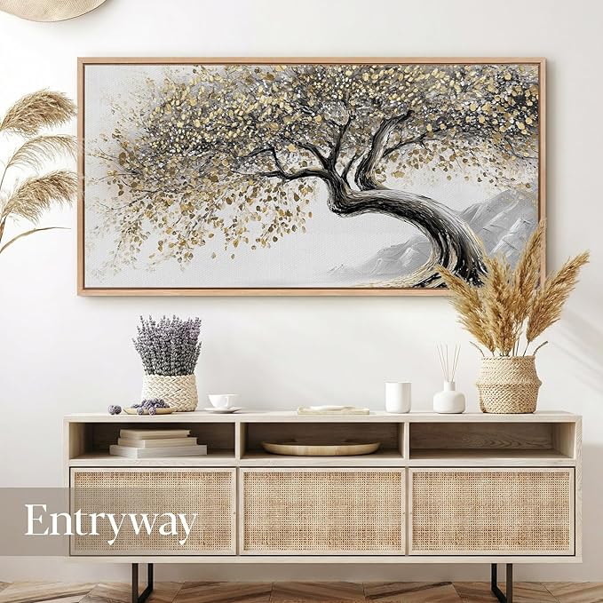 Bzstyleart Large Wood Framed Wall Art Tree of Life Canvas Prints for Living Room Oil Paintings Artwork Big Tree Art Print Pictures for Bedroom Office Bathroom Wall Decor 20x40in