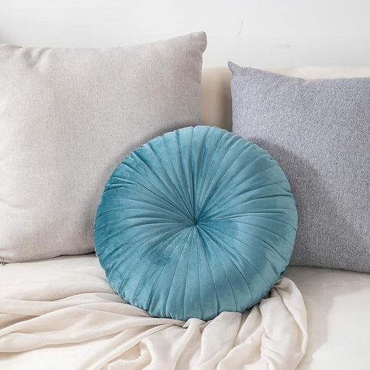 HLOVME Round Pillow Cushion for Couch Velvet Decorative Small Throw Pillow Solid Color for Living Room Bed Floor 15.7”, Lake Blue