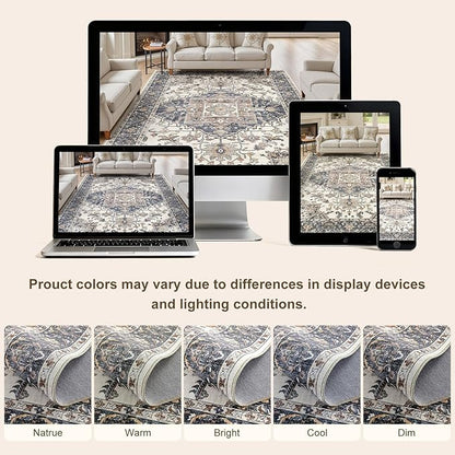 9x12 Washable Area Rugs for Living Room: Non Slip Vintage Beige Blue Rug, Large Soft Stain Resistant Indoor Floor Carpets for Bedroom Dining Room Nursery Home Office Kid & Pet Friendly
