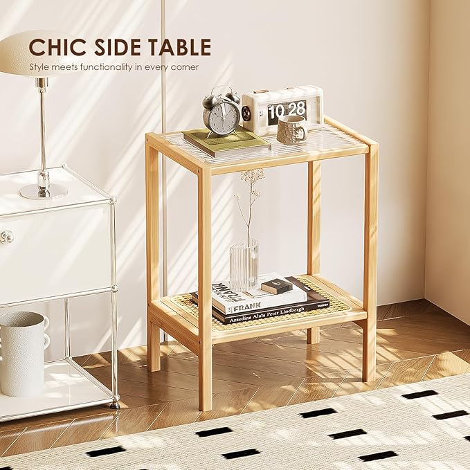 Bamworld Side Table Nature Rattan Night Stand Glass End Table 2-Tier with Storage Boho Bedside Table for Small Spaces Bamboo Coffee Table for Bedroom Living Room