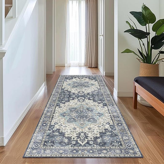 GENIMO 2'6"x8 Runner Rugs for Hallway, Machine Washable Non Slip Vintage Rugs, Low Pile Lightweight Soft Print Rug for enrtyway, Corridor, Home Office, Kitchen, Center Blue