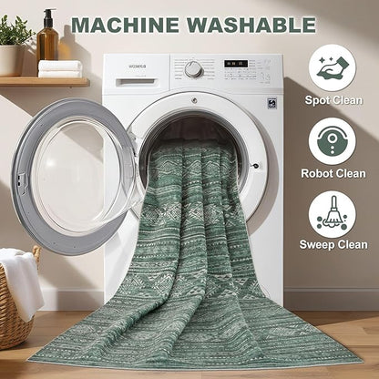 Nakagishi Green Rug Area Rugs 5x7: Washable Boho Large Neutral Modern Soft Farmhouse Rug Stain Resistant Indoor Floor Non-Slip Carpet for Women Home Enthusiasts Aged 25-45 - Bedroom Room Decor