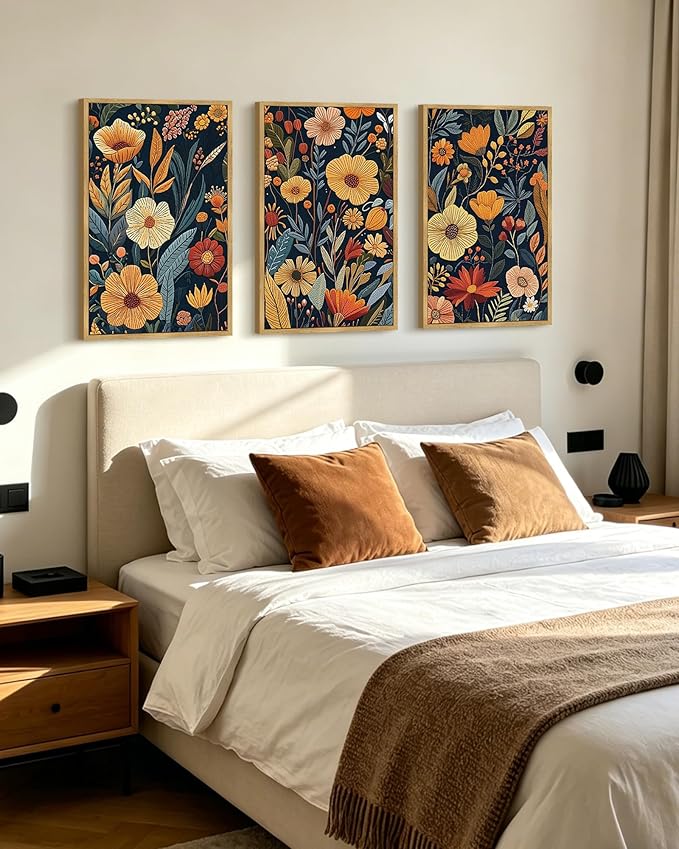 PHOPAGO Vintage Flower Framed Wall Art Large 16x24in Boho Colorful Floral Wall Decor Retro Botanical Wildflower Modern Art Prints Living Room Bedroom Home Decor - Natural Framed