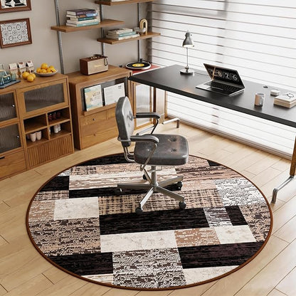 FlyDOIT Modern Round Area Rug for Living Room, 4Ft Washable Round Rug Chocolate Geometric Patchwork Circle Rugs for Dining Room Table, Small Circular Floor Carpet for Bedroom Home Office