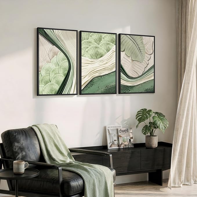 Framed Green Abstract Wall Art Bedroom, 3 Piece Botanical Modern Minimalist Canvas Print Artwork for Walls, Leaf Paintings Pictures for Small Living Room Dining Room Office Wall Art Decor, 16x24 Inch