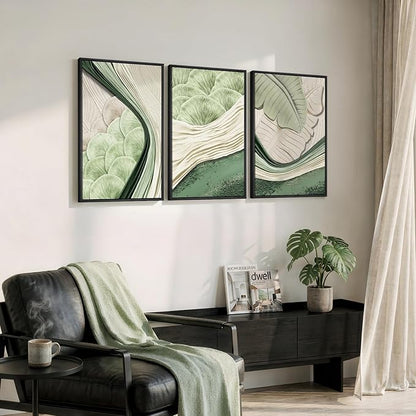 Framed Green Abstract Wall Art Bedroom, 3 Piece Botanical Modern Minimalist Canvas Print Artwork for Walls, Leaf Paintings Pictures for Small Living Room Dining Room Office Wall Art Decor, 16x24 Inch