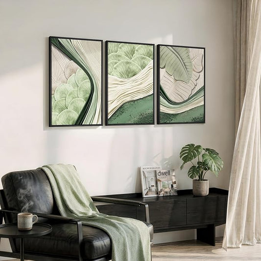 Framed Green Abstract Wall Art Bedroom, 3 Piece Botanical Modern Minimalist Canvas Print Artwork for Walls, Leaf Paintings Pictures for Small Living Room Dining Room Office Wall Art Decor, 16x24 Inch