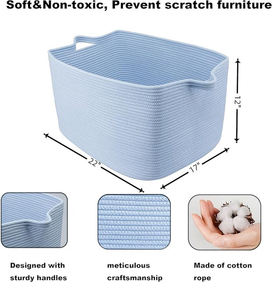 XUANGUO Large Cotton Rope Storage Basket for Blankets, 22" x 17" x 12" Rectangle Woven Basket Bin for Living Room, Nursery, Kids & Dog Toys, Laundry basket for Clothes & Towels, Blue