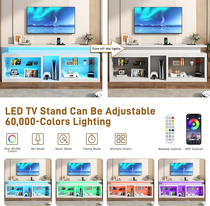 71" LED TV Stand with Power Outlet,60-Colors LED Lights For 65 70 80 in TV,High Gloss Gaming Entertainment Center w/Adjustable Shelves,White TV Console with Modern Design for Living Room Bedroom