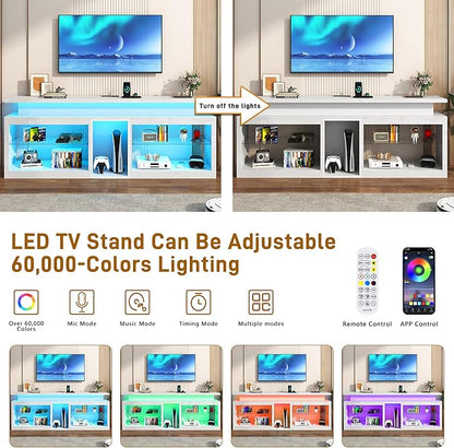 71" LED TV Stand with Power Outlet,60-Colors LED Lights For 65 70 80 in TV,High Gloss Gaming Entertainment Center w/Adjustable Shelves,White TV Console with Modern Design for Living Room Bedroom