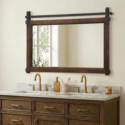 Besdomus Large Bathroom Rustic Mirror: 42"x28" Brown Barn Door Farmhouse Solid Cedar Wood Frame - Wall Decorative Mirror for Bedroom/Entryway/Bathroom - Modern Rustic Decor for Fashion-Conscious