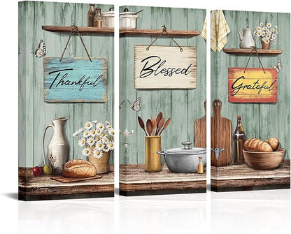 sechars Rustic Kitchen Wall Art Thankful Blessed Grateful Signs Decor Green Wood Background Rustic Fashouse Decor Set of 3
