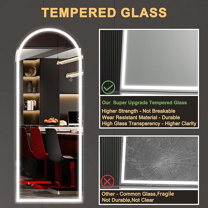 Hasipu 81"" x 33"" Led Mirror Full Length, Full Length Mirror with Lights Arch Design, Full Length led Mirror, Wall Mounted Mirror Dimming & 3 Color Modes, KM-A20585-H