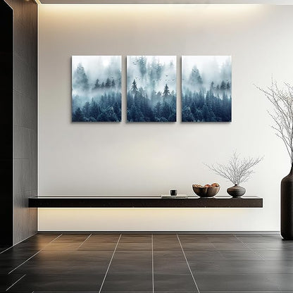 Misty Forests 3-Piece Framed Canvas Wall Art - Trees Landscape Pictures for Living Room, Bedroom, Office - Modern Wall Posters Home Decor